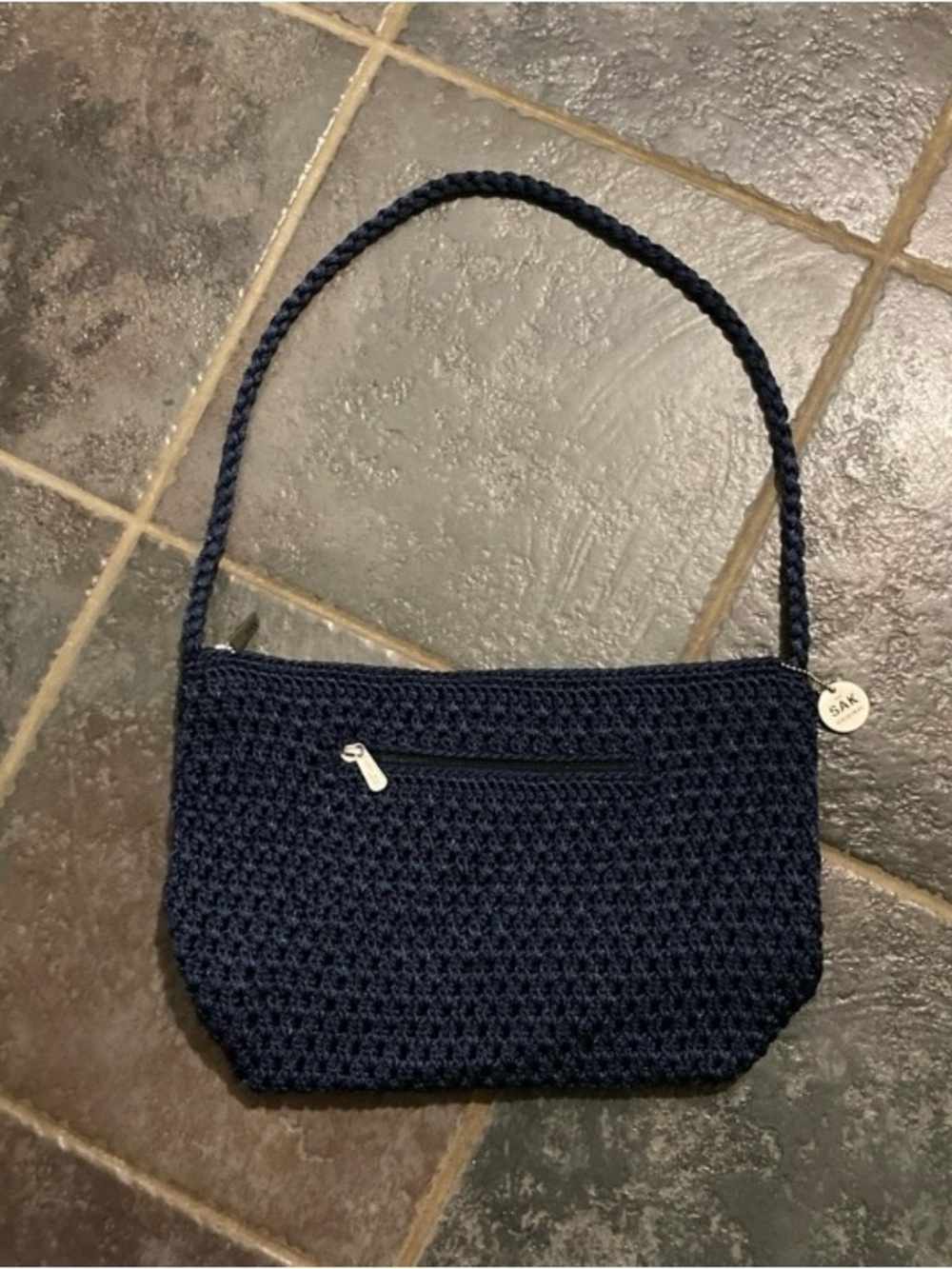 The Sak Navy Crochet Shoulder Bag with Braided Strap